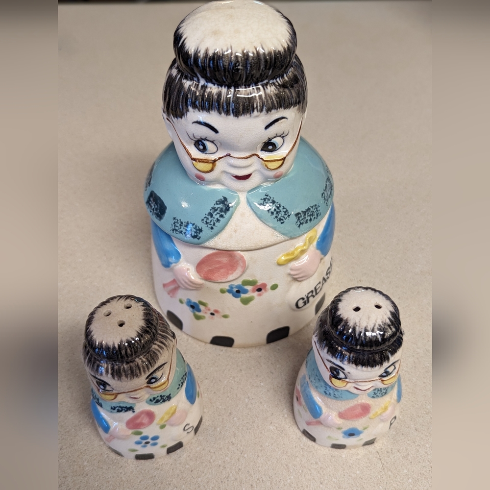 Tilso Japan Vintage Grandma / Granny cookie jar & salt pepper shakers set